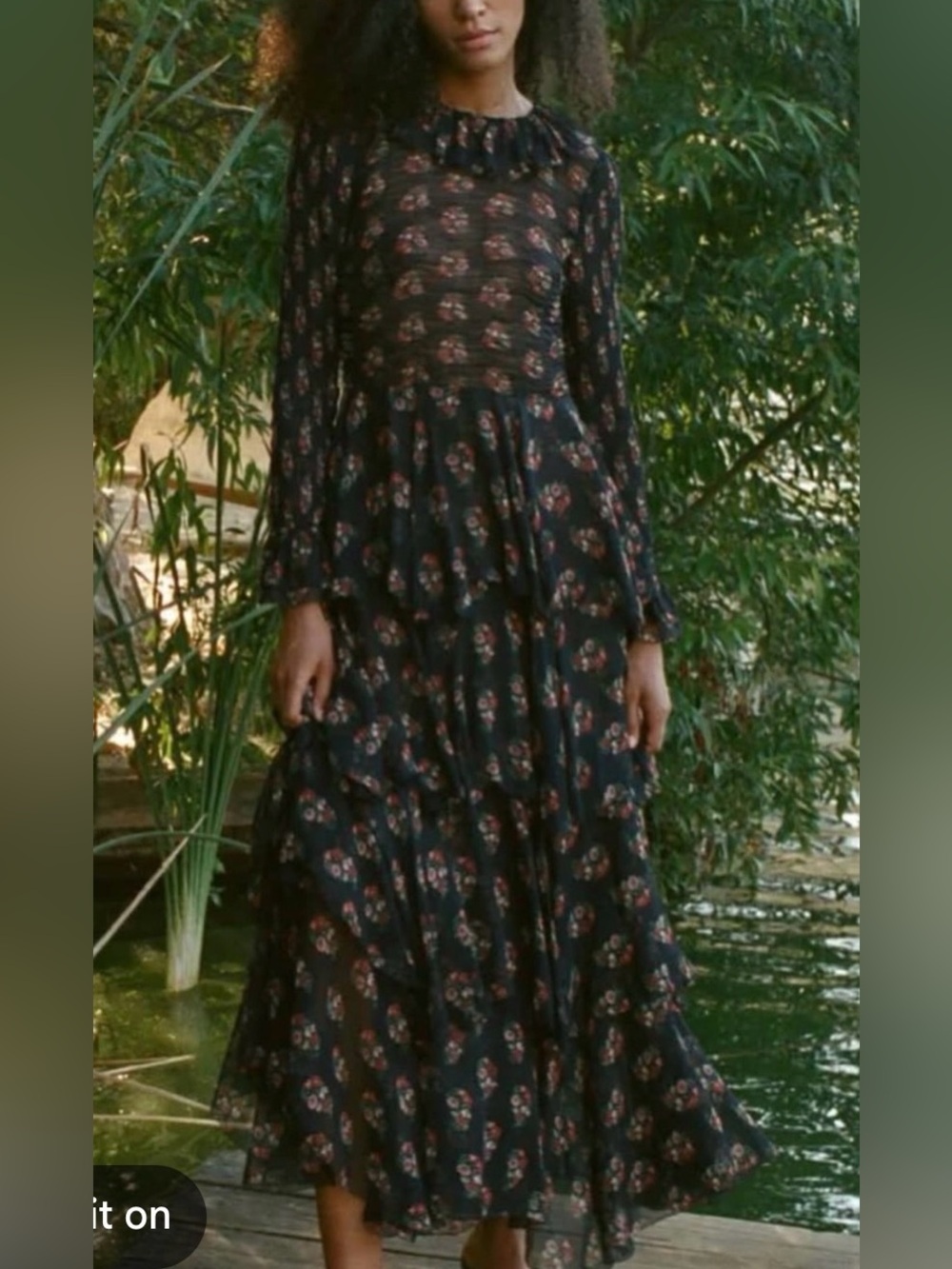 Doen Ciara rare Black Long Sleeve Floral Tiered Maxi Dress smocked tiered m
